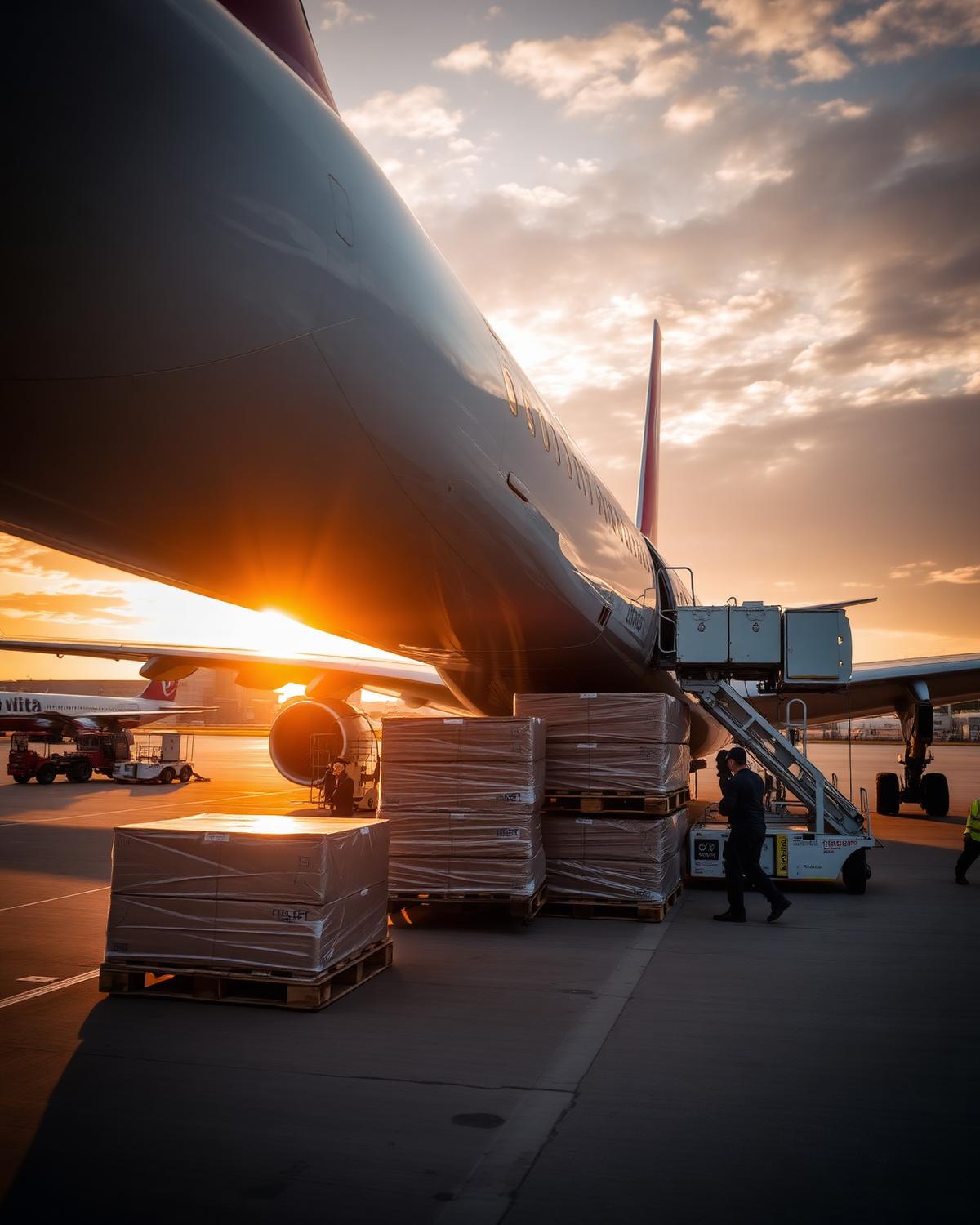 Air freight pallets loading at sunrise