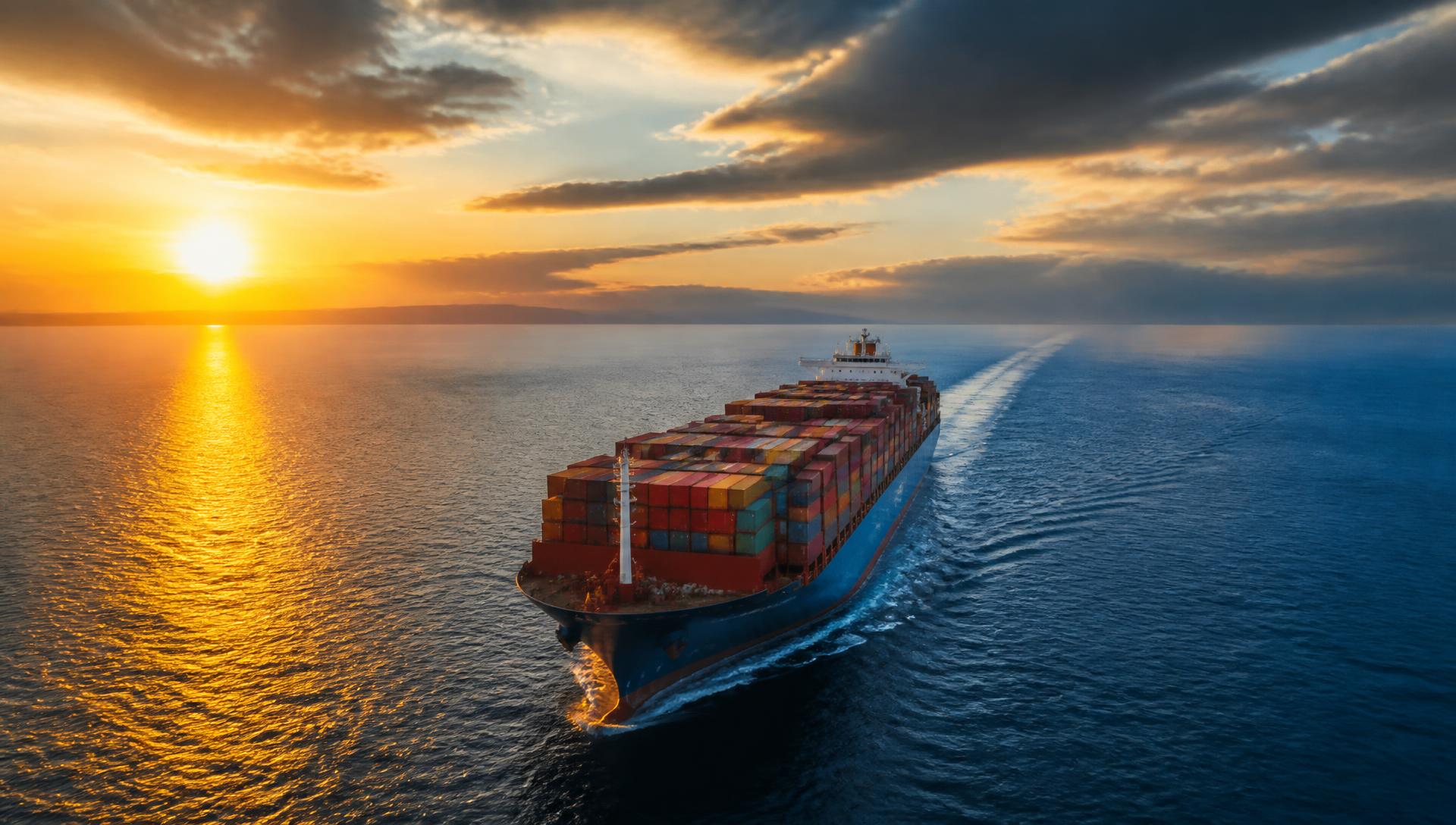 EWFCPL container vessel crossing open ocean at sunset