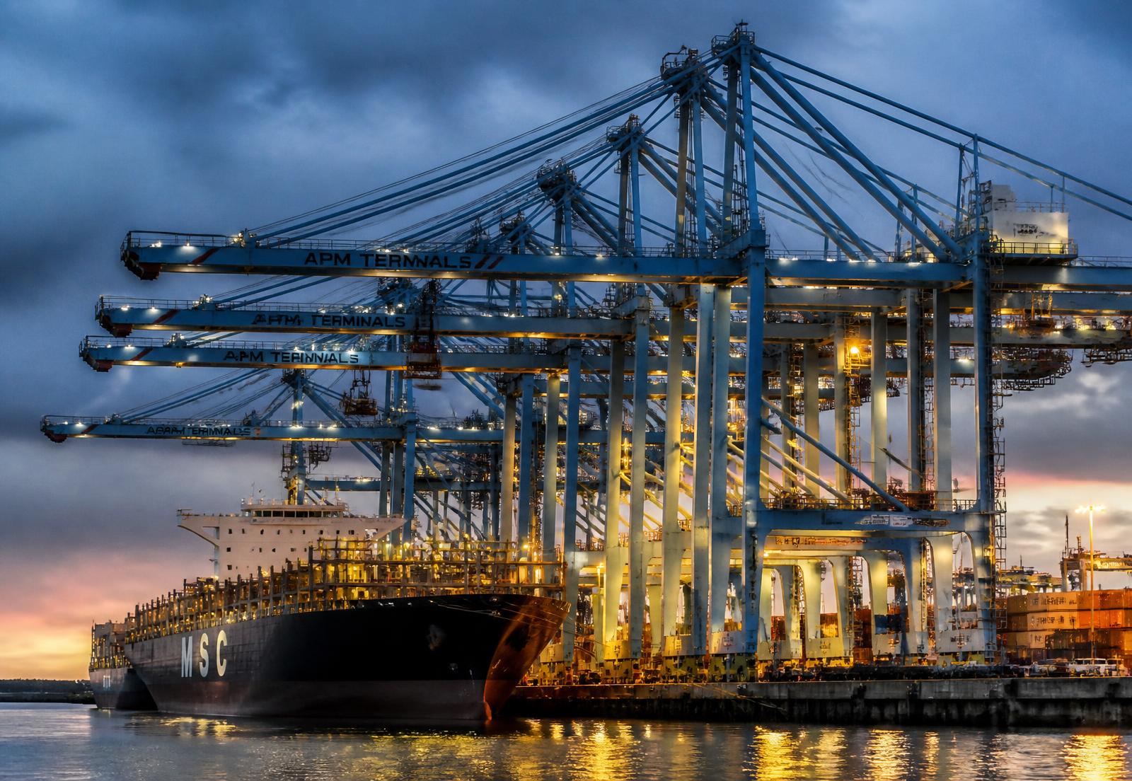 Port gantry cranes at dusk
