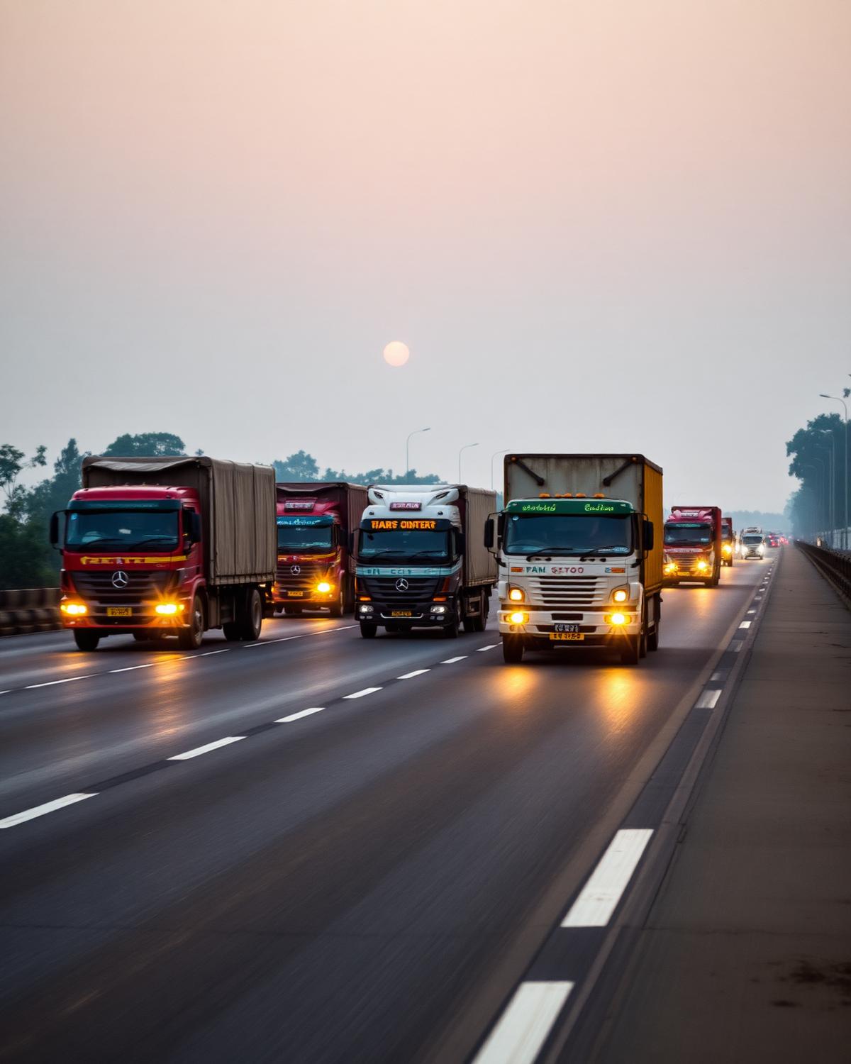 Freight truck fleet on highway